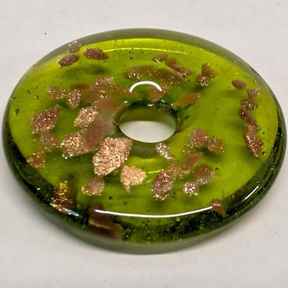 Vintage Art Glass Pendant Unisex 1.75 in Green Goldstone Aventurine Donut Circle